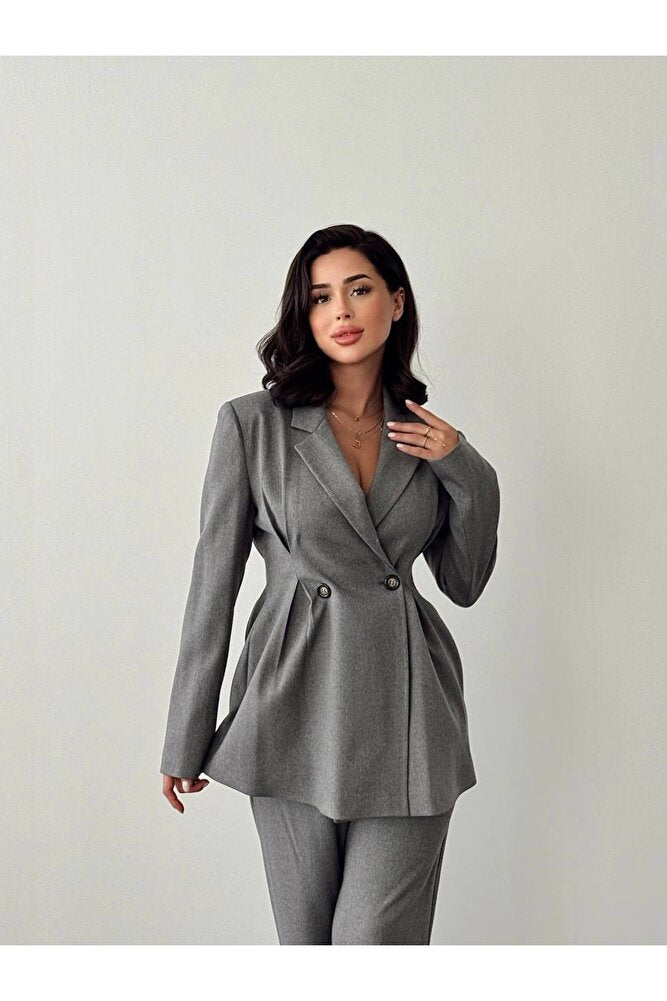 Belden Oturan Uzun Kol Uzun Boy Astarlı Ceket Pantolon Günlük Klasik Şık Kadın Takım