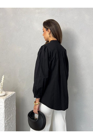 Önü Pileli Balon Kol Günlük Şık Gece Kadın Gömlek