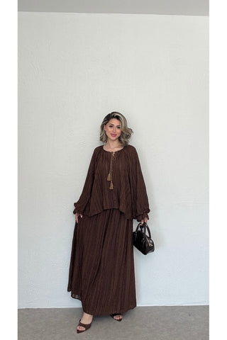 Oversize Bluz Ve Etek Takım-Kahverengi-EU2164