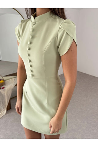 Belden Oturmalı Düğme Detaylı Puff Omuz Mini Özel Gün Günlük Kadın Amelia Elbise