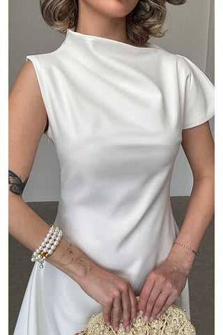 Asimetrik Yaka Midi Elbise-Beyaz-EU3169