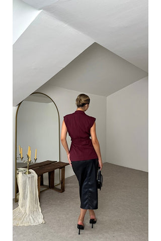 Aller Detaylı Kuşaklı Yelek - Bordo - EU7012