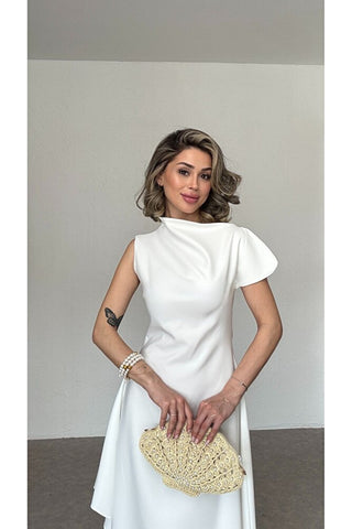 Asimetrik Yaka Midi Elbise-Beyaz-EU3169