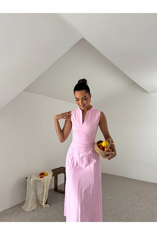 V Yaka Kloş Elbise-Pembe -EU3127