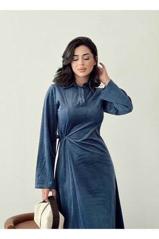 Kadife Yandan Bağlamalı Yarım Pat Düğmeli Özel Gün Günlük Uzun Boy Kadın Elbise