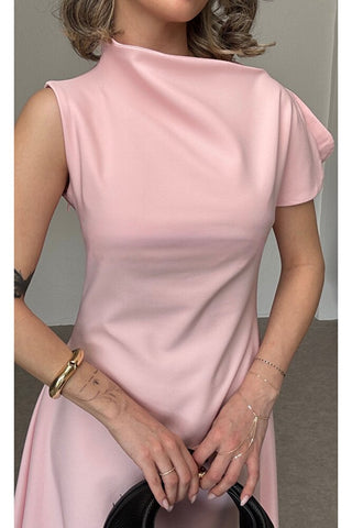 Asimetrik Yaka Midi Elbise - Pembe - EU3169