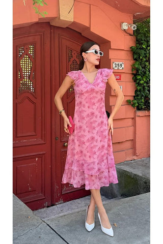 Desenli Eteği Fırfırlı Midi Boy Kadın Elbise