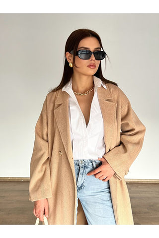 Kolu Pileli Düğmeli Oversize Kaban