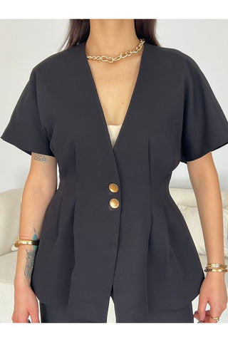 Belden Oturtmalı Kısa Kol Düğmeli Kadın Ceket