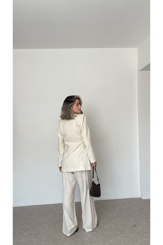 BEL DETAYLI CEKET- PANTOLON-Bej