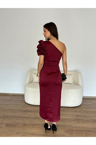 Balon Kol Saten Uzun Elbise-Bordo-EU3107