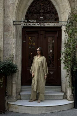 Biyeli Tensel Kimono Pantolon Takım-Yeşil