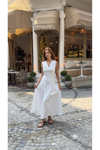 V Yaka Kolsuz Belden Oturan Atlas Maxi Kadın Günlük Özel Gün Elbise