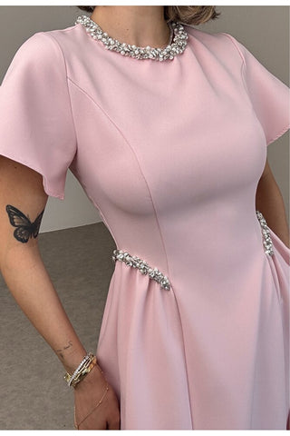 Amour Taş Detaylı Elbise - Pembe - EU3220