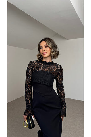 Grace Dantel Detaylı Midi Elbise - Siyah - EU3219
