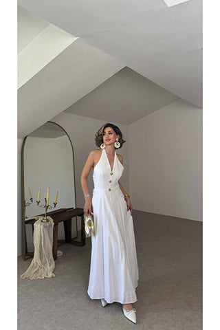 Sole Halter Yaka Maxi Elbise - Beyaz - EU3211