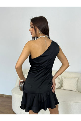 Eteği Fırfırlı Büzgülü Mini Saten Elbise-Siyah -EU3108