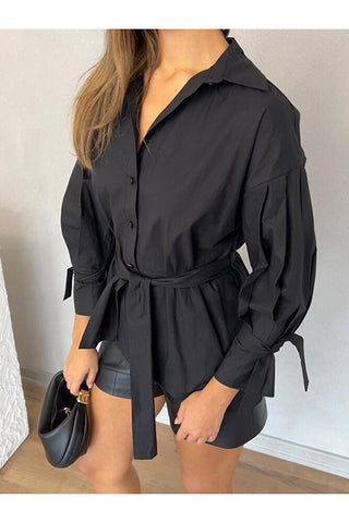 Kuşaklı Kolu Bağlamalı Şık Özel Gün Günlük Kadın Gömlek