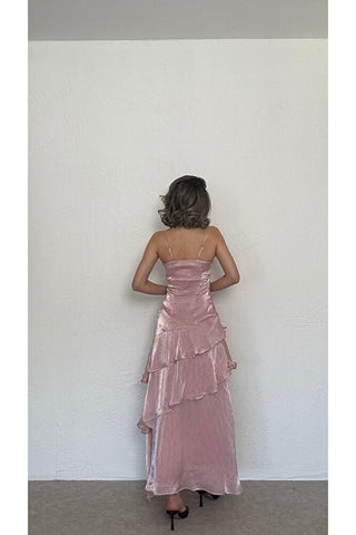Volanlı Askılı Elbise-Pembe-EU3196