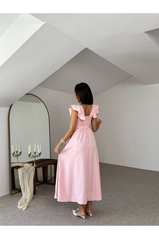 Kuşaklı Fırfırlı Uzun Elbise-Pembe-EU3191