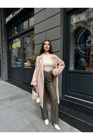 Kolu Pileli Düğmeli Oversize Kaban