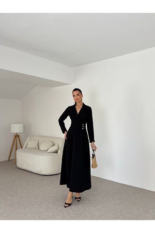 Kruvaze yaka düğme detaylı kadın uzun boy elbise