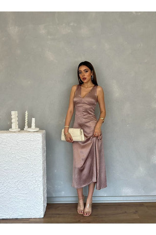 Kıraçlı Saten Midi Özel Gün Mezuniyet Nişan Abiye Kadın Elbise