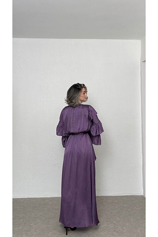 Parlak Kumaşlı Fırfır Kol Elbise-Mor-EU3146