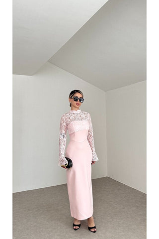 Grace Dantel Detaylı Midi Elbise - Pembe - EU3219