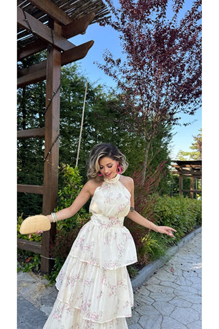 Volanlı Çiçek Desenli Elbise - Bej -EU3221