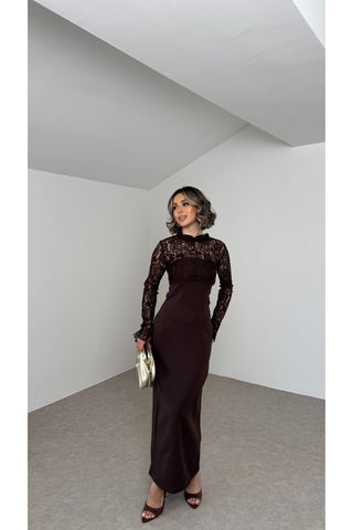 Grace Dantel Detaylı Midi Elbise - Kahverengi - EU3219