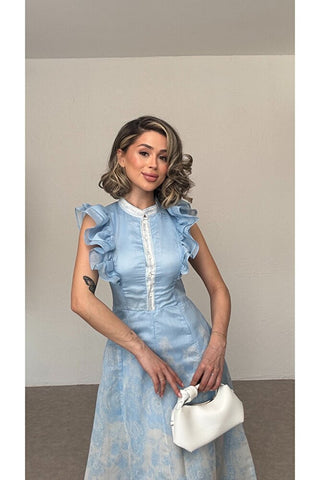 Volanlı Tül Elbise-Mavi