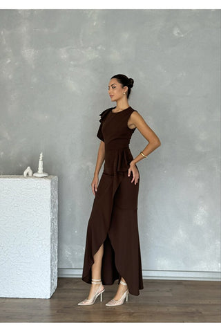 Asimetrik Kesim Eteği Ve Tek Kolu Volanlı Şık Özel Gün Kadın Davet Elbisesi