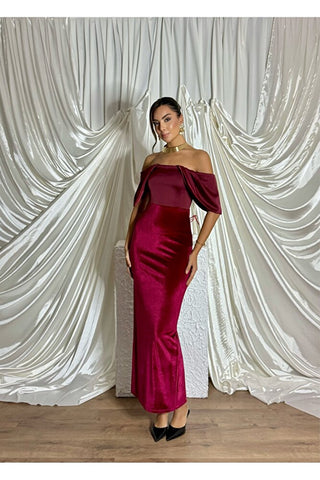 Göğüs Kısmı Saten Eteği Kadife Vücudu Saran Uzun Boy Özel Gün Kadın Nocturna Elbise