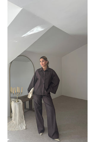 Oversize Düğme Detaylı Takım - Kahverengi - EU2170