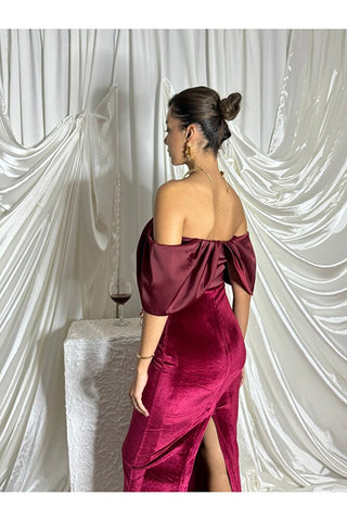 Göğüs Kısmı Saten Eteği Kadife Vücudu Saran Uzun Boy Özel Gün Kadın Nocturna Elbise