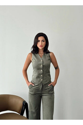 Fitilli Kadife Yelek Pantolon Kadın Günlük Özel Günlük Takım