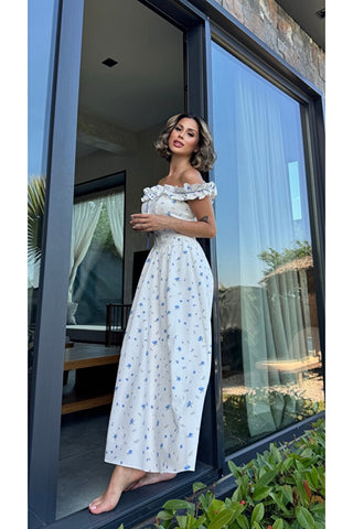 Romance Korsaj Elbise - Mavi Çiçek Desenli - EU3213