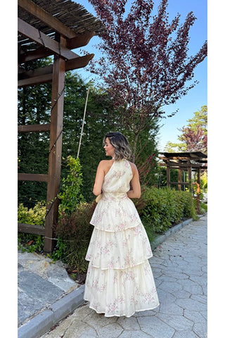 Volanlı Çiçek Desenli Elbise - Bej -EU3221
