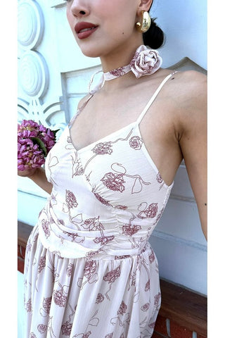 Desenli Boyundan Gül Bağlama Detaylı Askılı Kadın Özel Gün Günlük Elbise