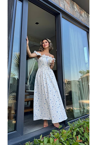 Romance Korsaj Elbise - Mavi Çiçek Desenli - EU3213