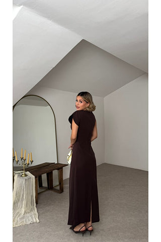Yaka Detay Midi Elbise - Kahverengi - EU3254