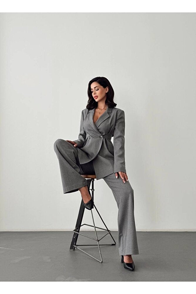 Belden Oturan Uzun Kol Uzun Boy Astarlı Ceket Pantolon Günlük Klasik Şık Kadın Takım