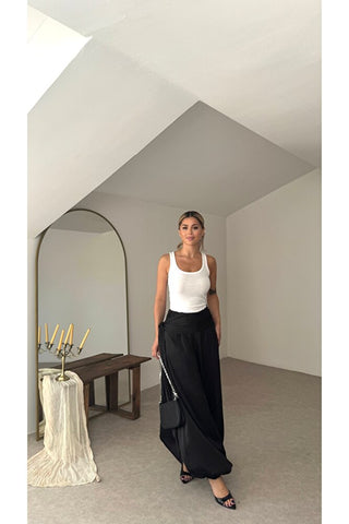 Kuşaklı Saten Şalvar Pantolon - Siyah - EU6037
