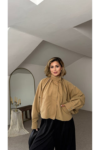 Yarasa Kol Dik Yaka Bomber Ceket - Bej - EU8094