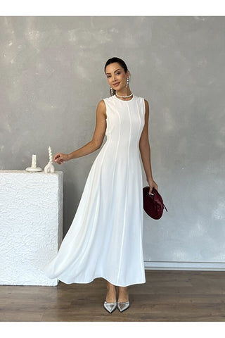 Biyeli Uzun Belden Aşağı Çan İnen Kolsuz Şık Günlük Kadın Elbise