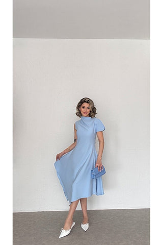 Asimetrik Yaka Midi Elbise-Mavi-EU3169