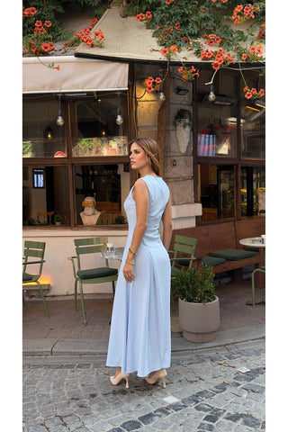 V Yaka Kolsuz Belden Oturan Atlas Maxi Kadın Günlük Özel Gün Elbise