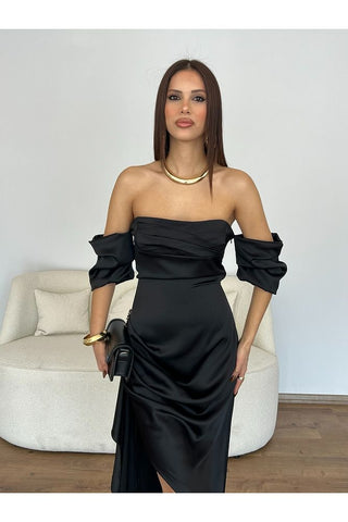 Gold Toka Detaylı Asimetrik Saten Elbise