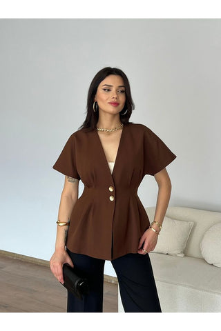 Belden Oturtmalı Kısa Kol Düğmeli Kadın Ceket